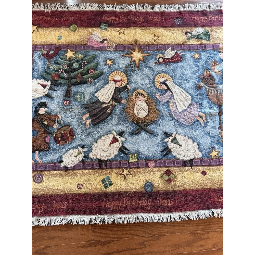 Vintage Christmas Angels Happy Bday Jesus Throw Blanket Tapestry Goodwin Weavers